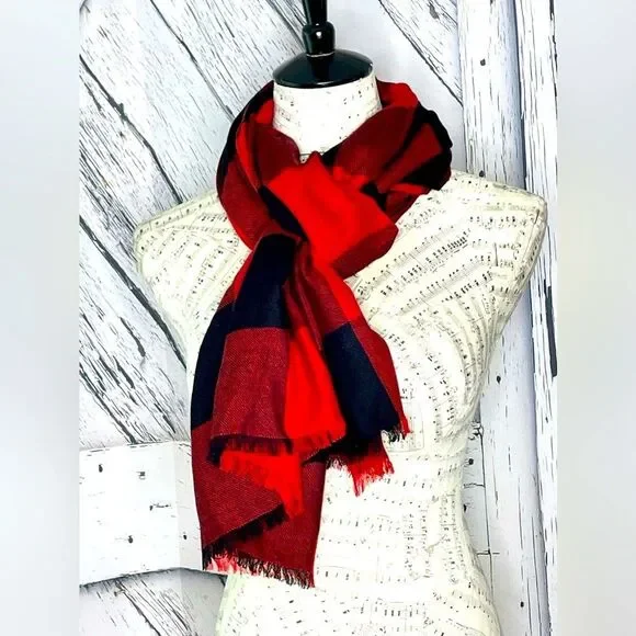 Sandro Paris Scarf Wool & Silk Blend Buffalo Checked Red Black